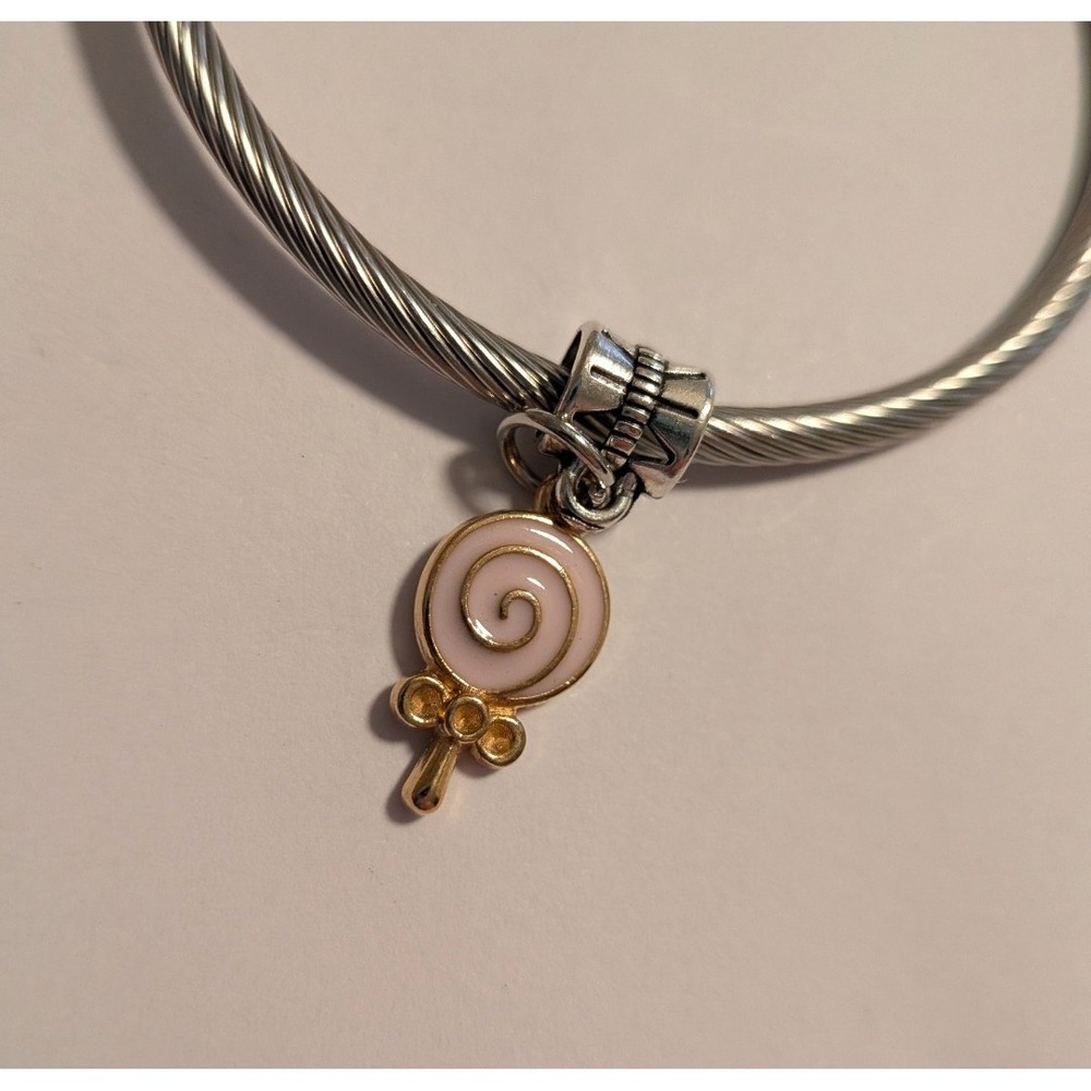 Pink Enamel Lollipop Dangle Charm Gold Silver Tone Candy Swirl Pendant